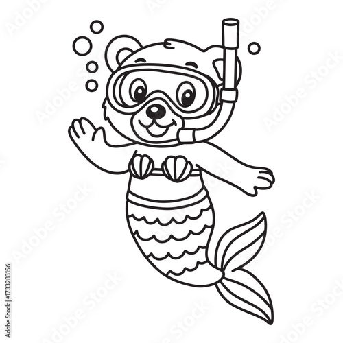 line art of a cartoon bear mermaid diving under the sea vector