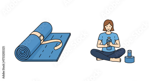 Illustrated elements for a mindful wellness routine, featuring a rolled yoga mat and a serene woman hydrating after a relaxing meditation, promoting a balanced and healthy lifestyle