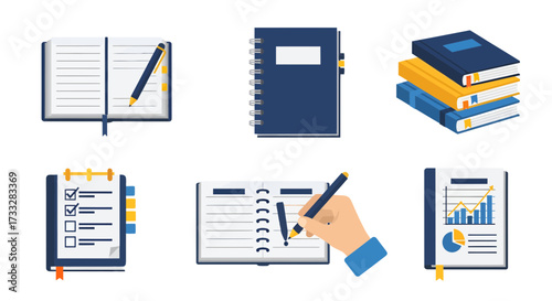 Comprehensive collection of flat design vector icons illustrating notebooks, planners, educational books, organized checklists, and professional data reports for productivity and learning