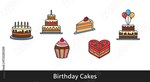 A delectable collection of festive baked goods, featuring various decorated cakes, cupcakes, and dessert slices, perfect for celebrations and sweet indulgence