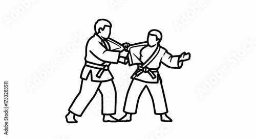 Two martial artists in dynamic combat pose, demonstrating discipline and strength with focused intensity on white background