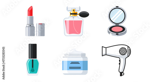 A versatile set of essential beauty and personal care items, perfect for illustrating modern cosmetics, self-care routines, and fashion-forward lifestyle concepts