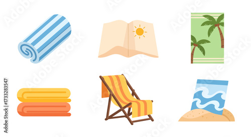 Collection of flat design vector illustrations for summer beach vacations. Featuring towels, a comfortable beach chair, and a good book, perfect for holiday travel and relaxation