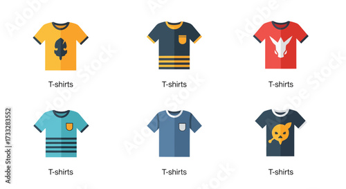 A vibrant collection of flat design t-shirt icons, showcasing diverse casual apparel for modern fashion concepts and graphic design projects