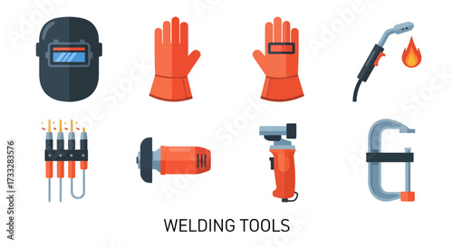 Flat design vector illustration featuring an array of essential welding tools and safety equipment, perfect for industrial, construction, and metal fabrication projects