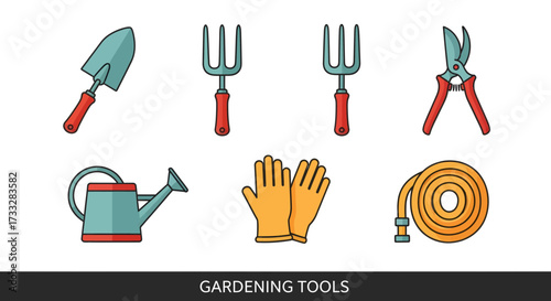Collection of essential gardening tools trowel, fork, watering can, gloves, shears, and hose. Ideal for planting, weeding, and general garden care projects