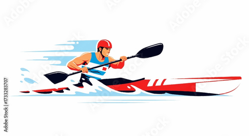 Dynamic athlete powerfully paddles kayak through splashing water, showcasing speed and athletic prowess on a bright white background
