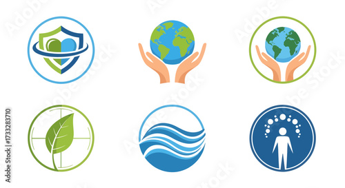 A diverse collection of circular vector icons illustrating global health, environmental protection, natural resources, and community well-being concepts for various applications