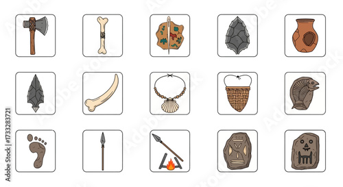 Collection of Prehistoric and Ancient Artifacts Icons.