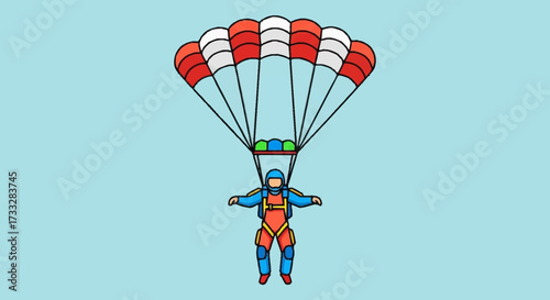 Dynamic skydiver descends mid-air under a vibrant red and white parachute, embracing adventure and freedom in the open sky