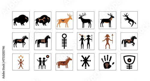 Collection of prehistoric rock art and ancient cave painting symbols.