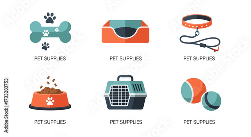 Essential Pet Supplies Icons Set. Flat design vector graphics featuring food bowls, pet beds, playful toys, travel carriers, collars, and leashes for animals