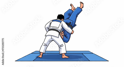 Dynamic judo competitors locked in intense grappling move on blue mat, showcasing martial arts skill and athletic power