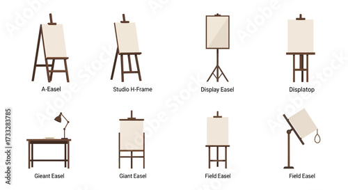 A diverse collection of artist easels, featuring various types of studio, field, and display stands for painting, drawing, and presenting creative artwork