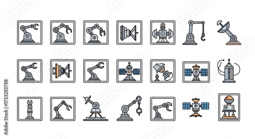 Collection of Robotic and Satellite Icons in Doodle Style.