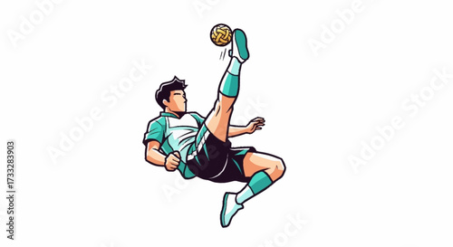 Dynamic athlete performs impressive bicycle kick with sepak takraw ball during intense sporting competition