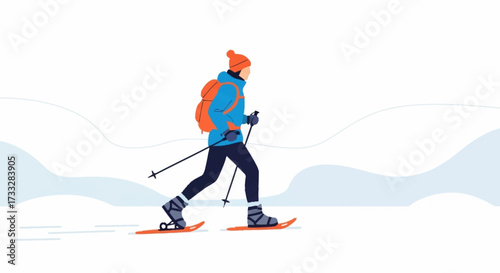 Active person snowshoeing through a winter landscape with poles and backpack, embracing the crisp outdoor adventure.