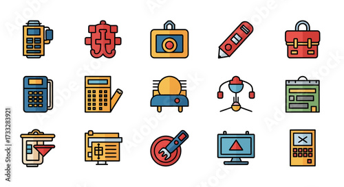Modern flat design icon set featuring essential tools for office productivity, digital technology, creative work, and business applications
