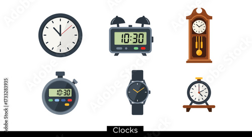 Collection of diverse timekeeping devices analog and digital clocks, wristwatches, stopwatches. Illustration for time management, scheduling, and punctuality concepts