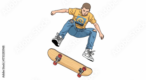 Dynamic young man executes impressive skateboard trick mid-air, showcasing urban sport and active lifestyle in vibrant, stylized art