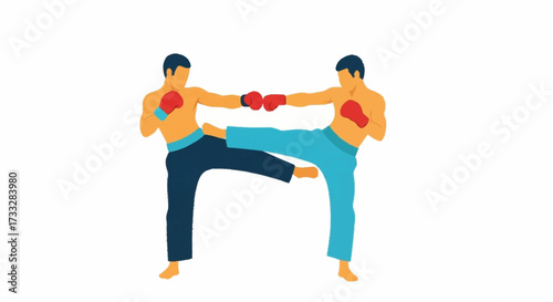 Dynamic fighters engage in intense martial arts combat, showcasing powerful kicks and focused determination in a stylized action scene.