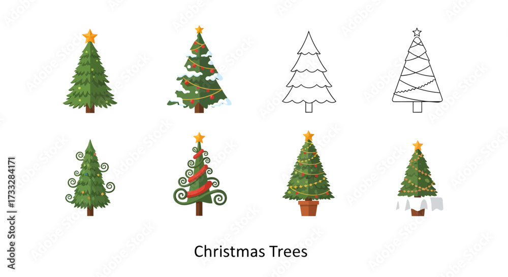 Obraz premium Diverse collection of festive Christmas trees, featuring various decorative styles and artistic interpretations, perfect for holiday season designs and winter celebrations