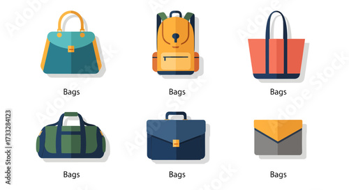 Collection of six distinct styles of bags, including duffel, briefcase, tote, and backpack designs
