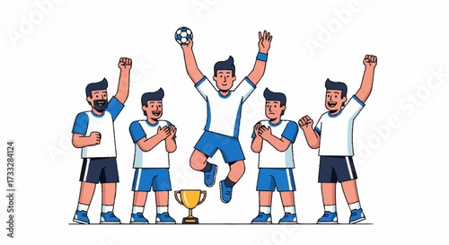 Victorious handball team celebrating a championship win with trophy, raising arms in triumph and joy after achieving sports success together