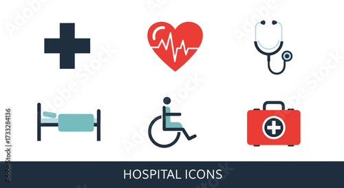 Essential flat design vector icons for medical and healthcare services, featuring symbols for hospital care, patient assistance, and emergency support