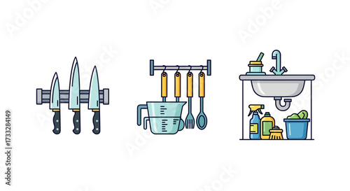 Illustrated icons depicting crucial kitchen elements sharp knives on a magnetic rack, a range of cooking utensils including a whisk, and practical cleaning supplies around a sink area