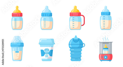 Comprehensive collection of baby feeding essentials, including various types of milk bottles, specialized sippy cups, and a convenient bottle warmer, ideal for infant care and everyday parenting needs