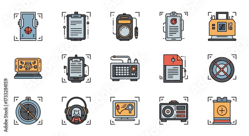 Collection of various electronic devices and tools with focus frames, illustrating technology and industry concepts.