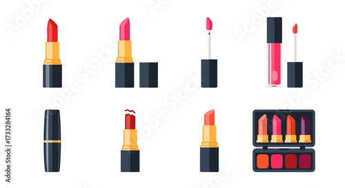 Vibrant collection of diverse lip beauty products, featuring classic tube lipsticks, liquid glosses, and a versatile palette for essential makeup