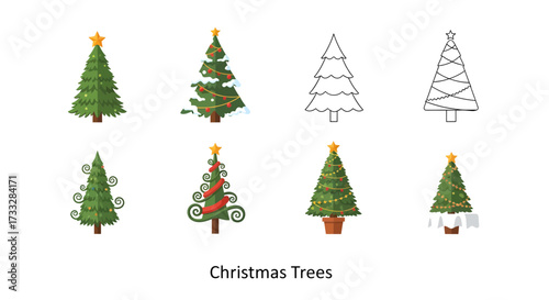 Diverse collection of festive Christmas trees, featuring various decorative styles and artistic interpretations, perfect for holiday season designs and winter celebrations