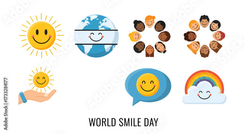 Diverse and cheerful cartoon illustrations celebrating global unity and positivity, featuring smiling suns, a joyful earth, various happy faces, and a rainbow cloud