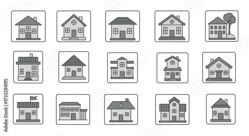 Collection of various house designs in grayscale.