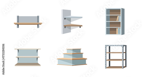 Collection of diverse shelving units and display solutions. Wall-mounted, freestanding, tiered, and industrial designs for home, office, retail organization