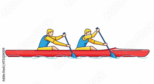 Two rowers paddling in a red canoe, teamwork and dedication for an athletic adventure, perfect for sports marketing or outdoor activity promotions