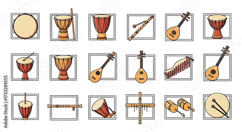 Collection of Various Traditional Musical Instruments.