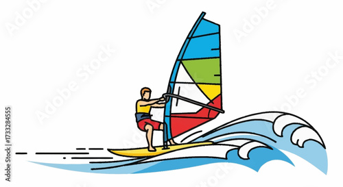 Dynamic windsurfer glides across vibrant blue waves under a colorful sail, conveying freedom and adventure perfect for sports and travel promotions