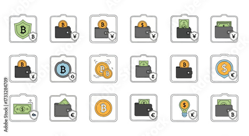 Cryptocurrency Wallet Icons - Digital Finance Security and Management.