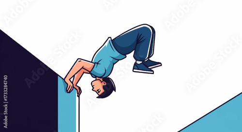 Dynamic athlete performs acrobatic flip over urban edge showcasing parkour skill and daring movement