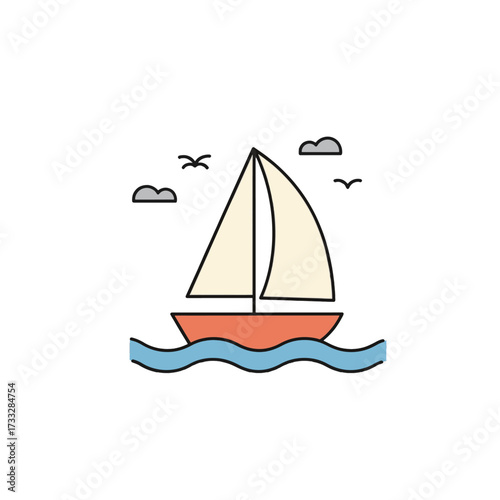 Colorful cartoon sailboat icon floating on ocean waves.