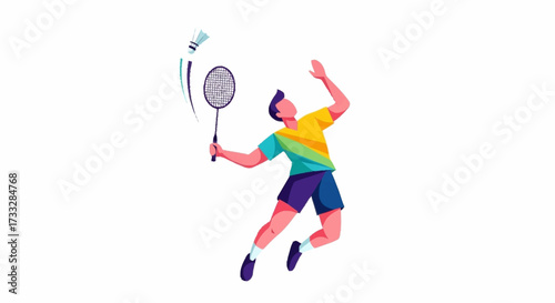 Dynamic badminton player leaping to smash shuttlecock, capturing intense athletic action and competitive spirit in vibrant style