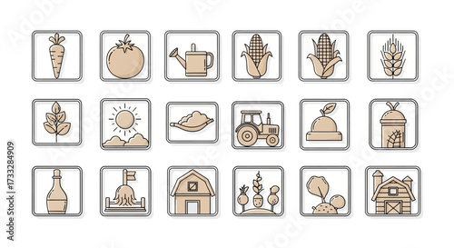 Farm icons set - agriculture, farming, harvest, rural.