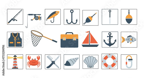 Fishing and nautical equipment collection for outdoor activities and recreation.