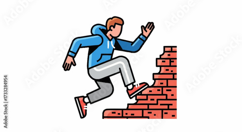Dynamic young person leaps over brick wall steps, embodying ambition and overcoming challenges in a modern, energetic style.