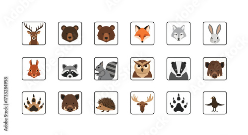 Forest Animals Icons Set - Deer, Bear, Fox, Rabbit, Raccoon, Squirrel, Owl, Badger, Hedgehog, and More.