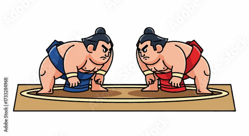 Two determined sumo wrestlers face off intensely in a traditional dohyo ring, ready for a powerful clash.