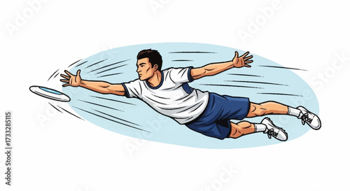 Dynamic athlete dives for frisbee mid-air, capturing the thrill of ultimate sports action and athletic achievement.